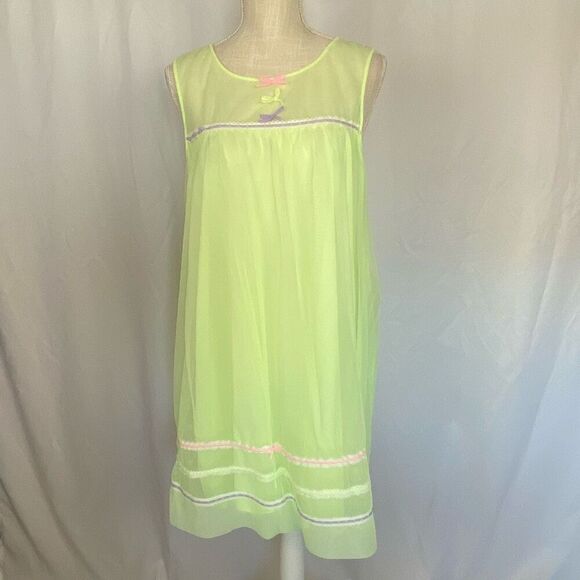 Vintage 60s Lemon Yellow Chiffon Babydoll Nightgown Dress Sleeveless Retro Sheer - Picture 1 of 10
